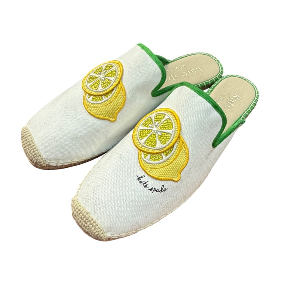 Kate Spade Lemon Embroidered Canvas Espadrille Mules White Green Trim sz 9.5